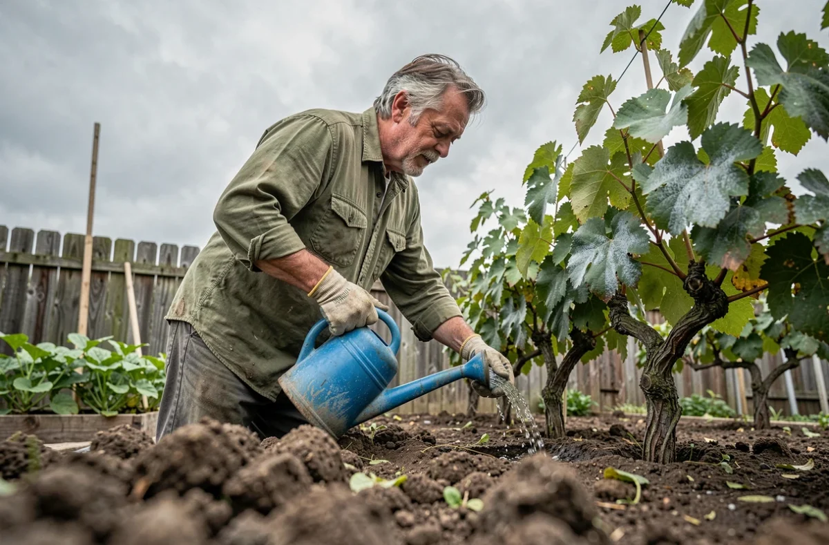Jardinier arrosant une vigne pour diluer un surdosage de bouillie bordelaise dans le sol du jardin