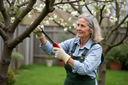 Femme taillant un prunus dans un jardin serein