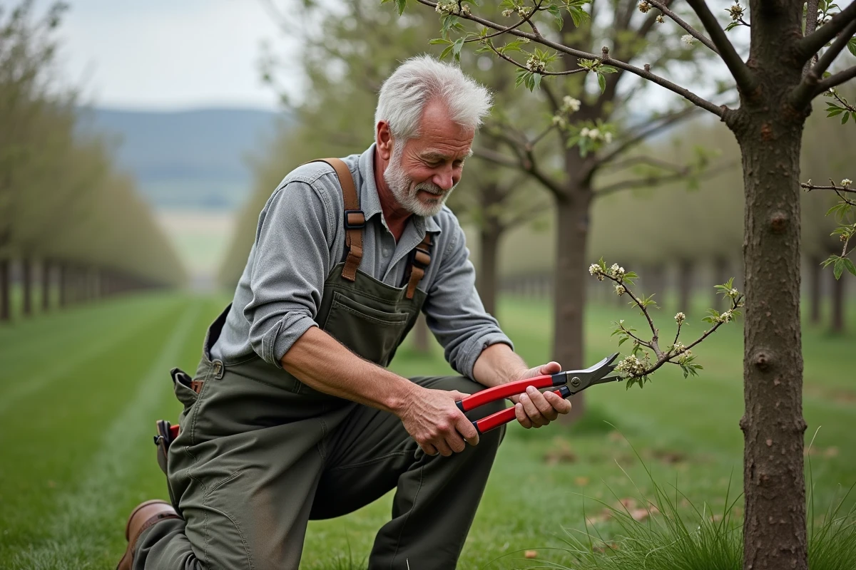 Arboriste en action taillant un jeune prunus dans un verger