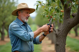 Homme taille un arbre à pêche dans un verger en plein air