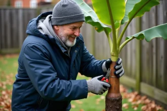 Homme taillant une banane dans un jardin automnal