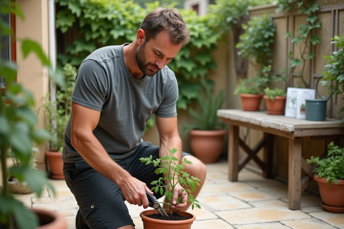 Homme utilisant un sécateur pour enlever un gourmand sur un plant de tomate en pot sur terrasse