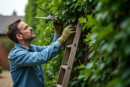 Homme sur un escabeau taillant une haie de laurier trop haute avec un ébrancheur dans un jardin suburban