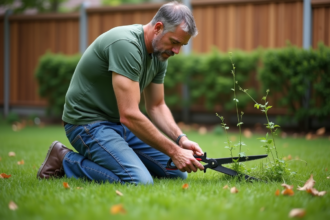 Homme d'âge moyen taillant la pelouse dans le jardin