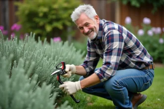 Homme jardinier taillant un buisson de sauge en été