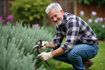 Homme jardinier taillant un buisson de sauge en été