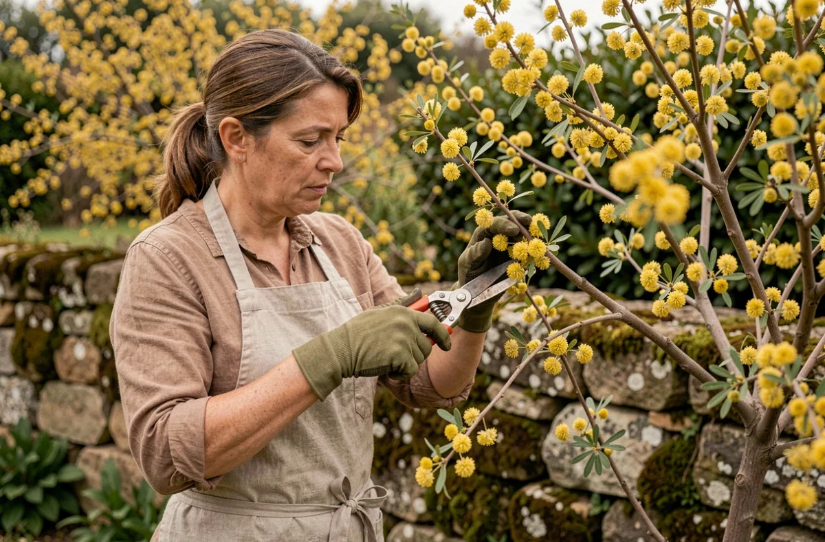 Femme taillant un mimosa en fleur avec un sécateur dans un jardin méditerranéen au printemps