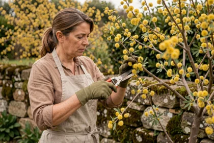 Femme taillant un mimosa en fleur avec un sécateur dans un jardin méditerranéen au printemps