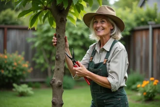 Femme en vêtements de jardinage taillant un mimosa mature
