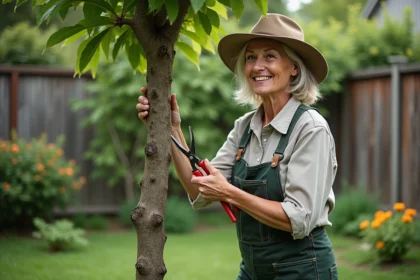 Femme en vêtements de jardinage taillant un mimosa mature