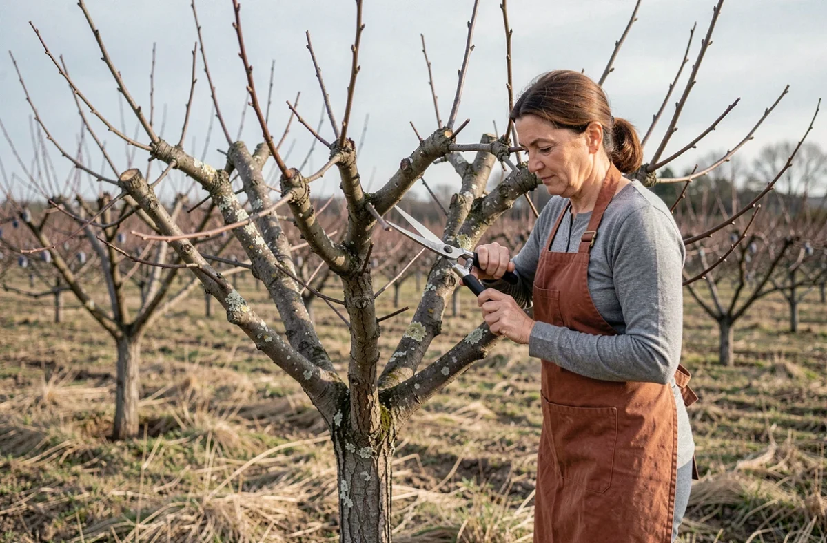 Femme en train de tailler un prunier en gobelet dans un verger rural en fin d'hiver
