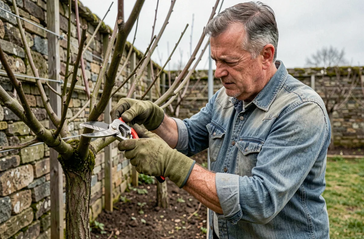Jardinier taillant un prunier palissé contre un mur en pierre dans un jardin potager traditionnel au printemps