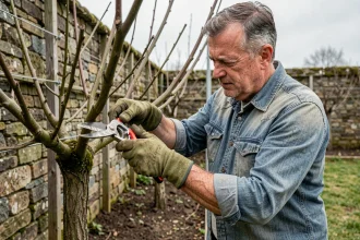 Jardinier taillant un prunier palissé contre un mur en pierre dans un jardin potager traditionnel au printemps