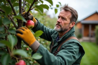 Homme d'âge moyen taillant un grand pommier dans un jardin