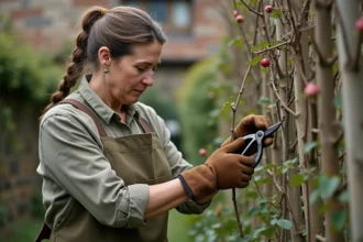 Femme taillant un rosier grimpant sur un treillage en bois dans un jardin de campagne au printemps