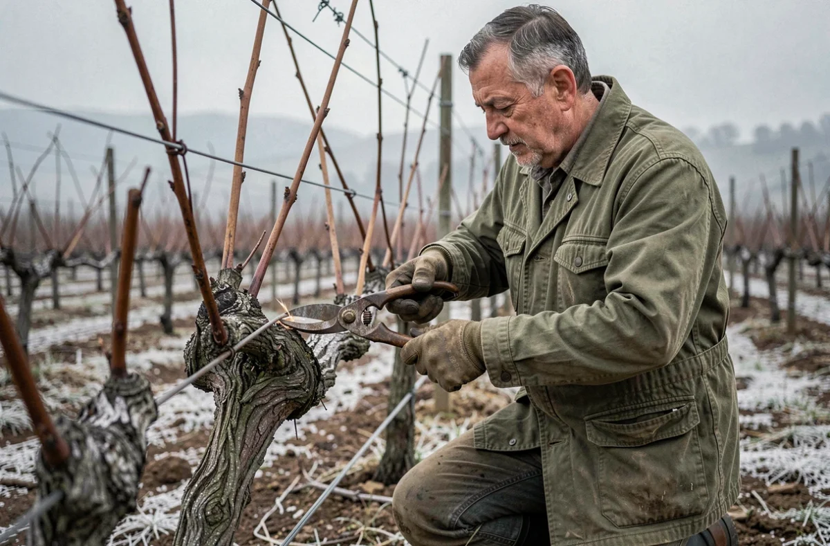Vigneron expérimenté effectuant la taille hivernale d'un cep de vigne avec un sécateur, dans un vignoble sous un ciel gris d'hiver