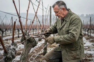 Vigneron expérimenté effectuant la taille hivernale d'un cep de vigne avec un sécateur, dans un vignoble sous un ciel gris d'hiver