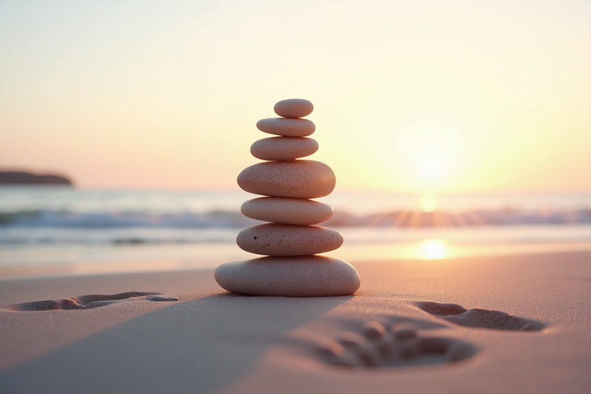 Tour de galets au lever du soleil sur la plage