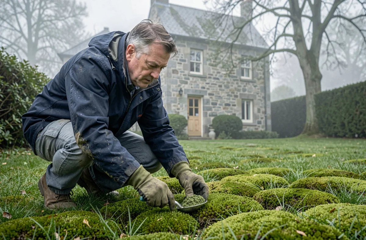 Jardinier appliquant un traitement anti-mousse sur une pelouse humide en Bretagne devant une maison en pierre