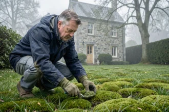 Jardinier appliquant un traitement anti-mousse sur une pelouse humide en Bretagne devant une maison en pierre