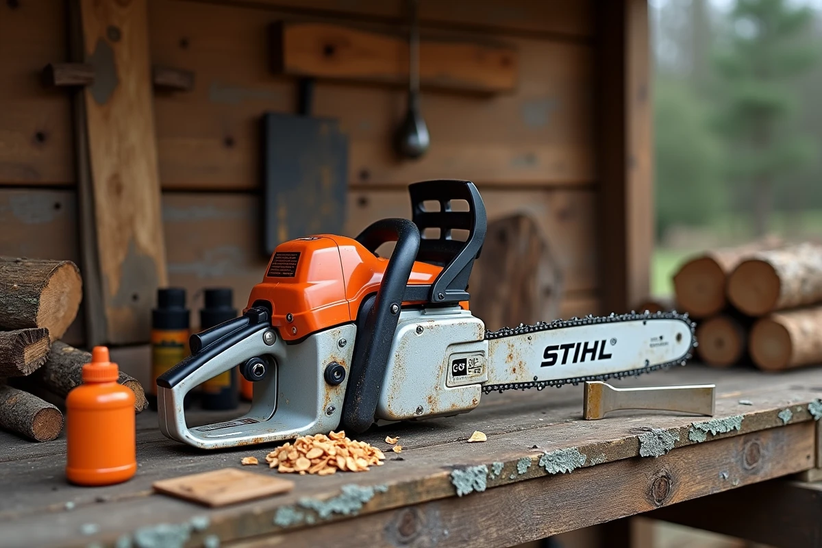 Tronçonneuse STIHL MS 211 posée sur un établi en bois avec accessoires d'entretien