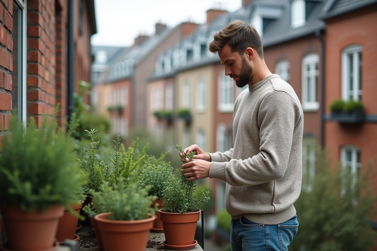 Jeune homme arrangeant du thym dans des pots sur un balcon urbain