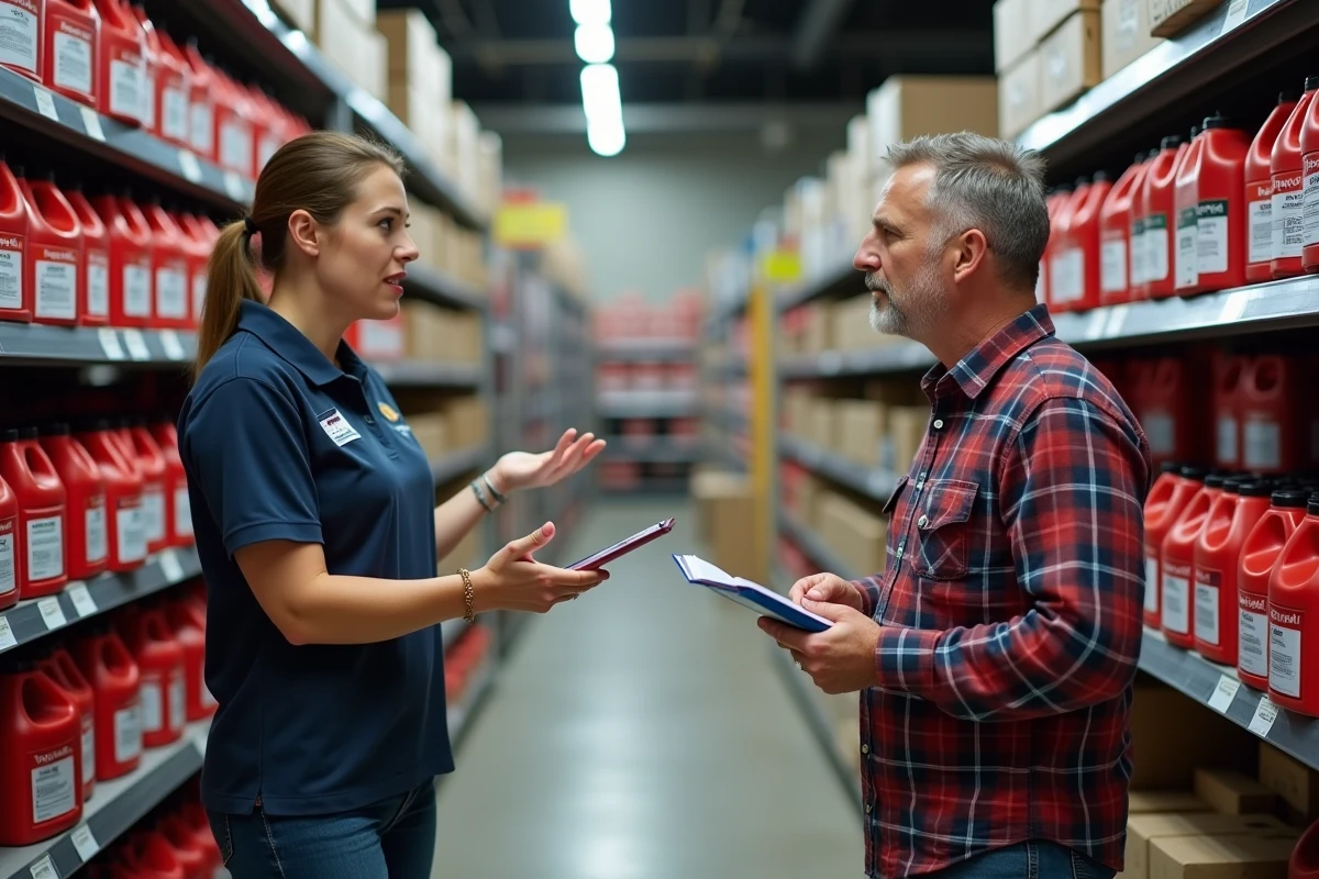 Vendeuse en magasin agricole conseillant un agriculteur devant des rayons de bidons de Rotalin