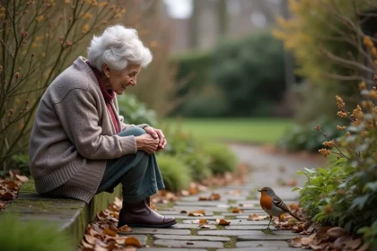 Femme âgée regardant un rouge-gorge dans son jardin