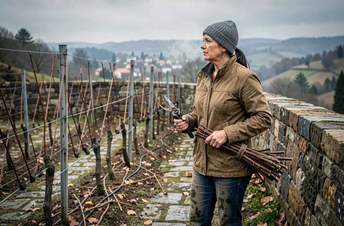 Vigneronne inspectant une rangée de vignes taillées en hiver dans un vignoble en terrasse avec des murs en pierre